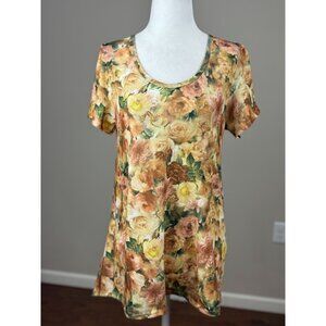 NEW LuLaRoe Womens Knit Tunic Top S Short Sleeve Brown Yellow Floral Scoop Neck